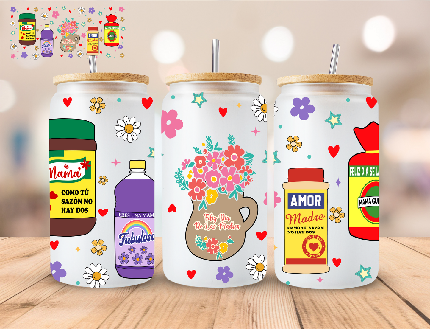 Hispanic Feliz Dia De Los Madres - 16 oz / 20 oz Libby UV DTF Wrap