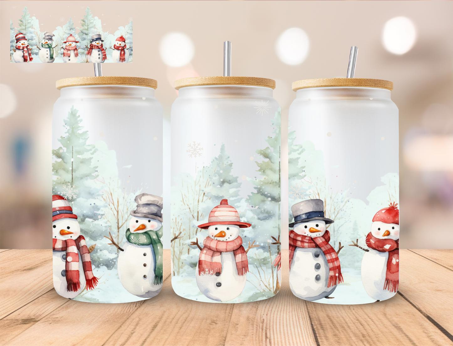 Christmas Snowman Family - 16 oz / 20 oz Libby UV DTF Wrap