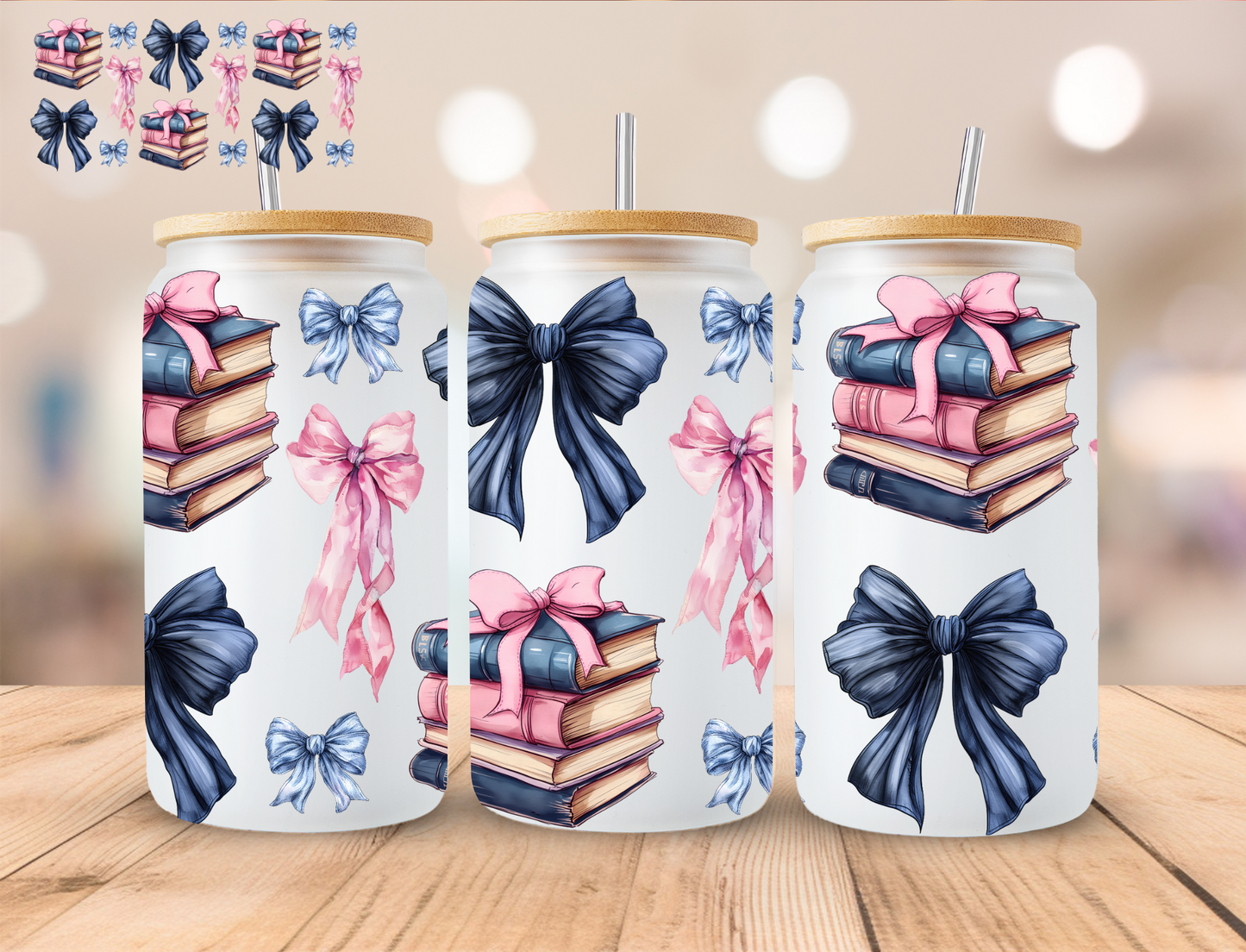 Books And Coquette Bows - 16 oz / 20 oz Libby UV DTF Wrap