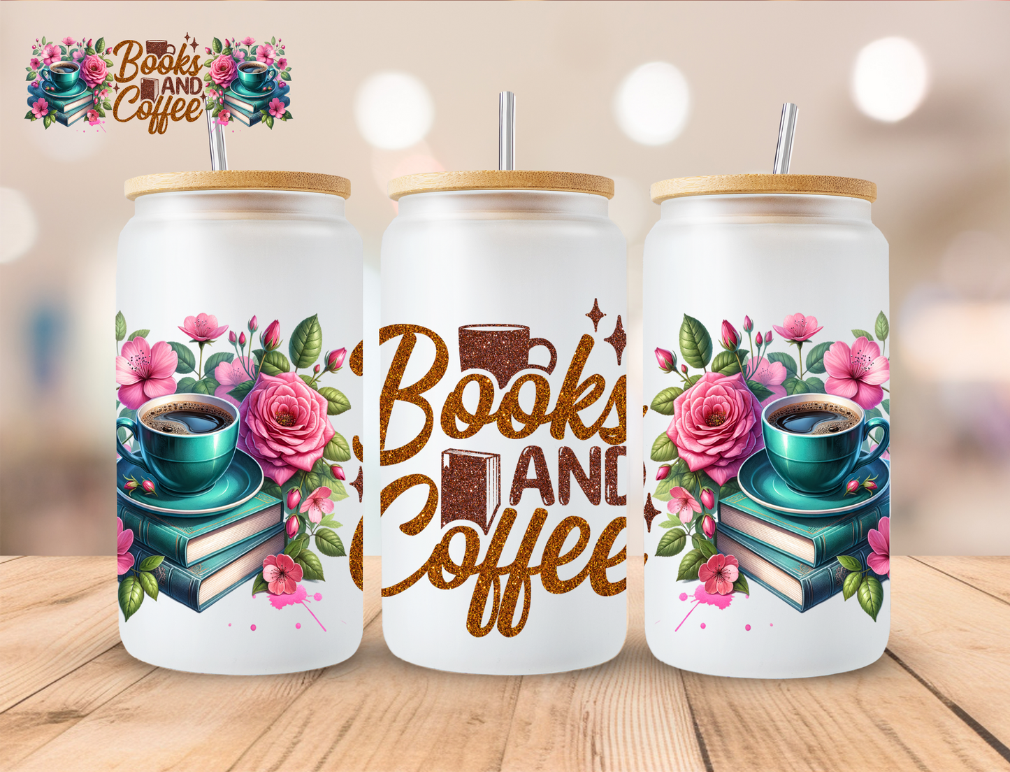 Books And Coffee - 16 oz / 20 oz Libby UV DTF Wrap