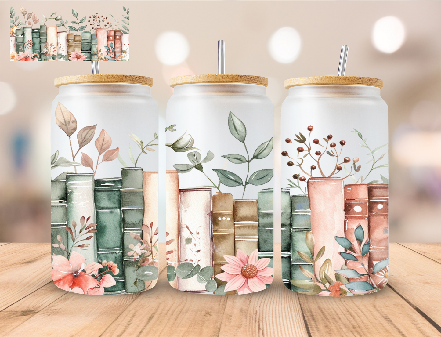 Floral Books - 16 oz / 20 oz Libby UV DTF Wrap