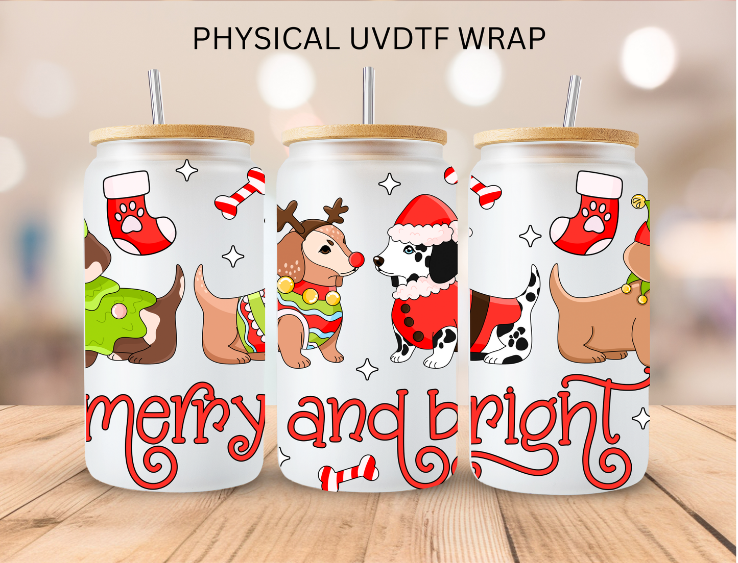 Christmas Doga Merry And Bright - 16 oz / 20 oz Libby UV DTF Wrap
