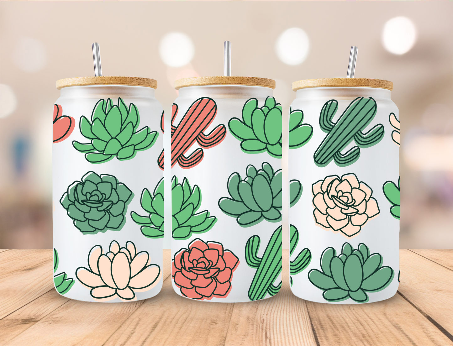 Multi Colored Succulents - 16 oz Libby UV DTF Wrap