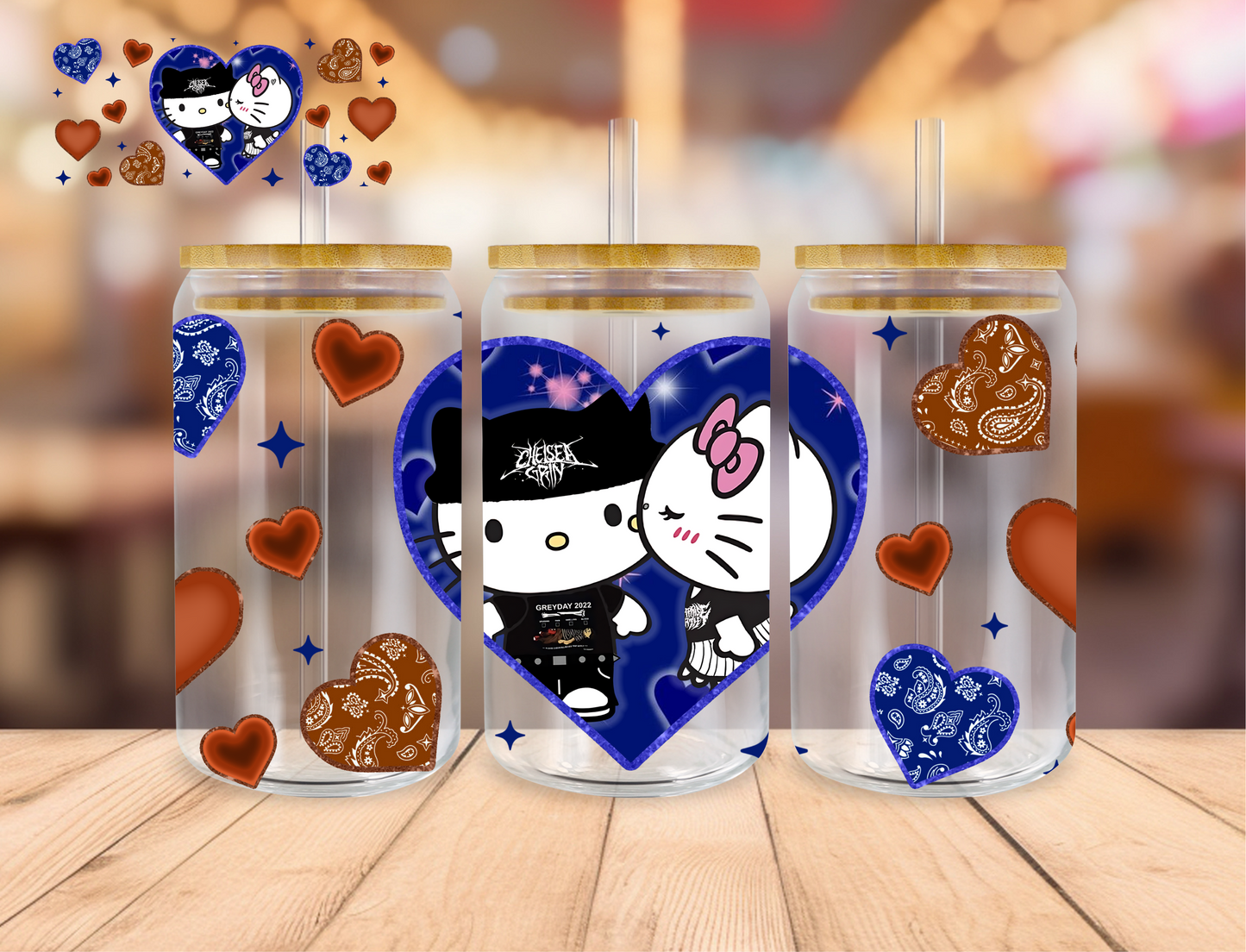 Blue Heart Kitty - 16 oz / 20 oz Libby UV DTF Wrap