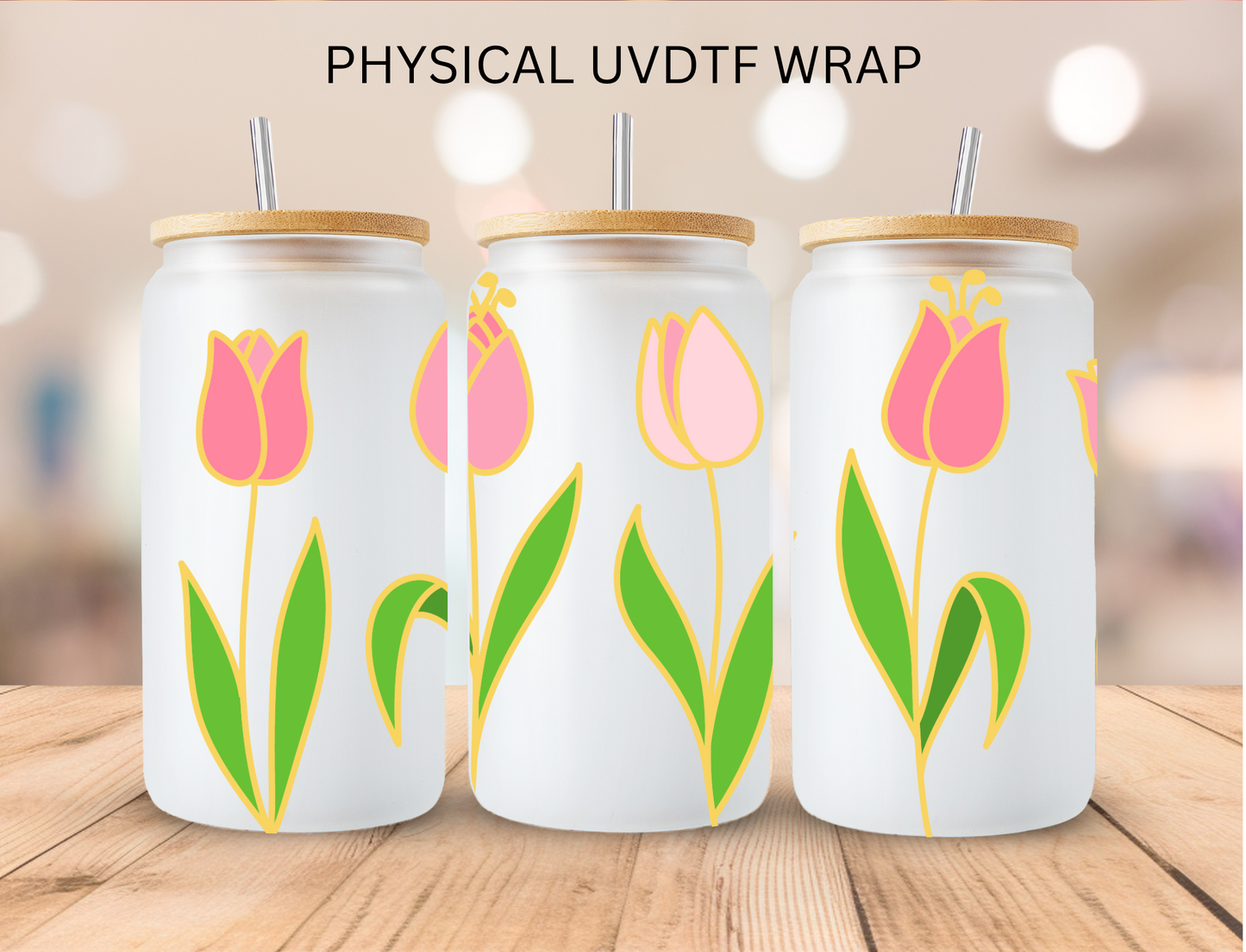 Pink Tulips - 16 oz / 20 oz Libby UV DTF Wrap