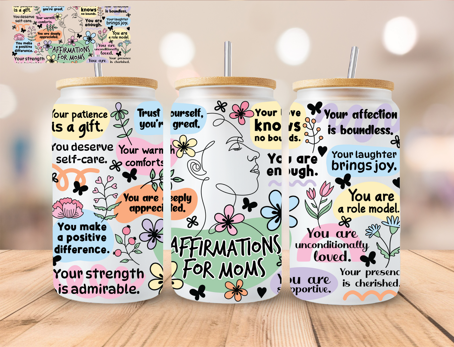 Affirmations For Moms - 16 oz / 20 oz Libby UV DTF Wrap