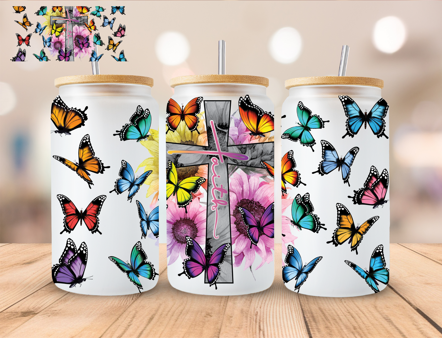 Faith Cross And Butterfly's - 16 oz / 20 oz Libby UV DTF Wrap
