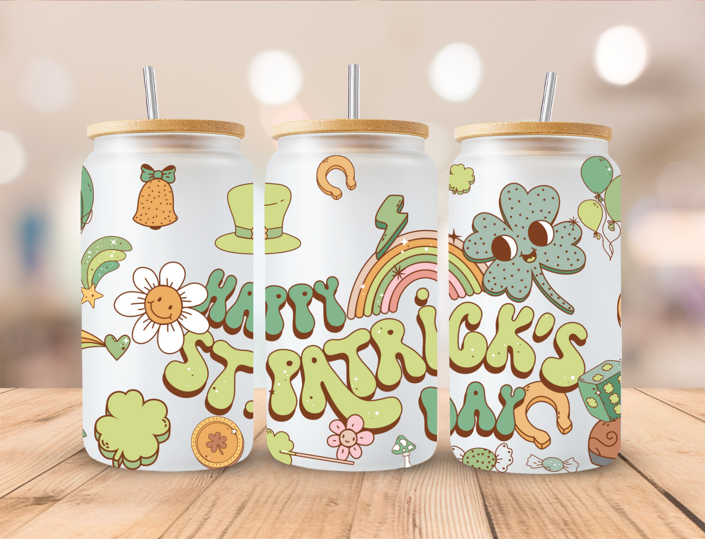 St Patrick's Day Retro Rainbow and shamrocks - 16 oz / 20 oz Libby UV DTF Wrap