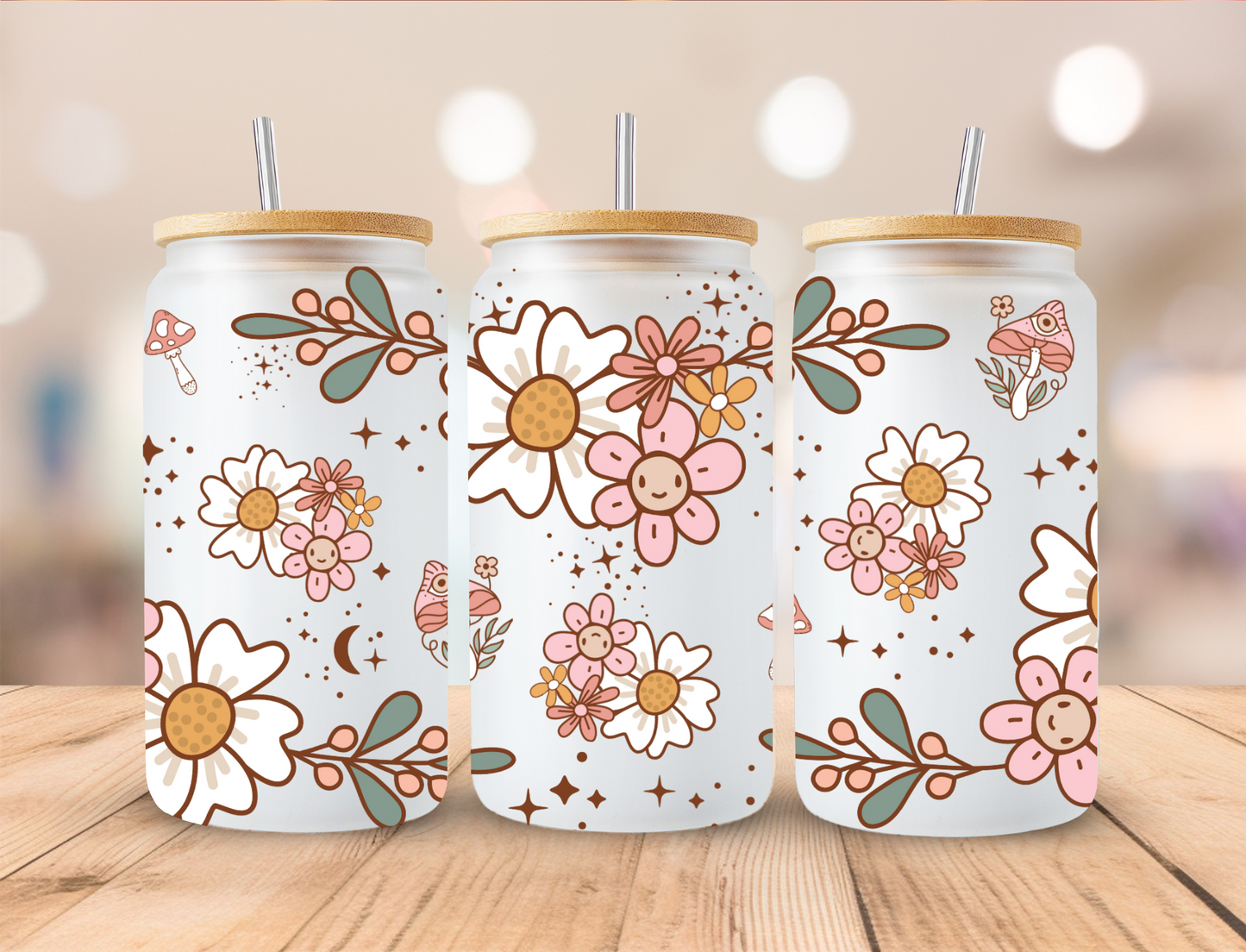 Floral Spring White And Pink Daisies And Leaves - 16 oz / 20 oz Libby UV DTF Wrap