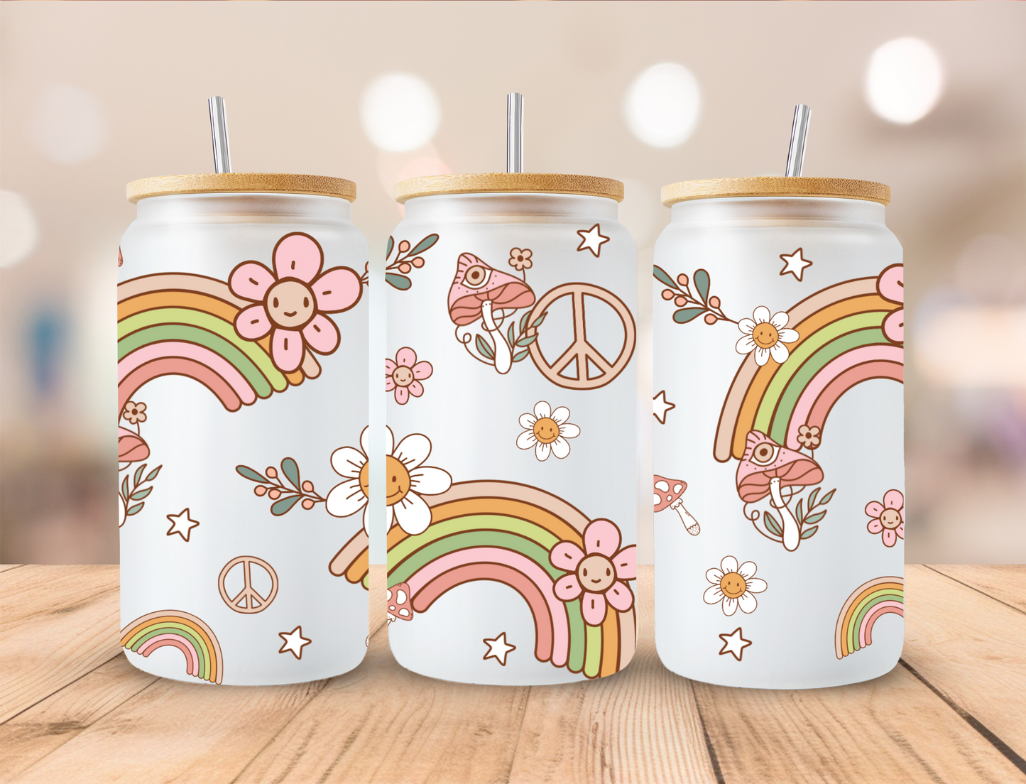 Floral Spring Daisies, Rainbows And Leaves - 16 oz / 20 oz Libby UV DTF Wrap