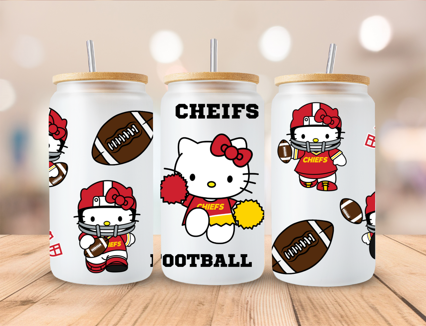 Football Chiefs Kitty - 16 oz / 20 oz Libby UV DTF Wrap