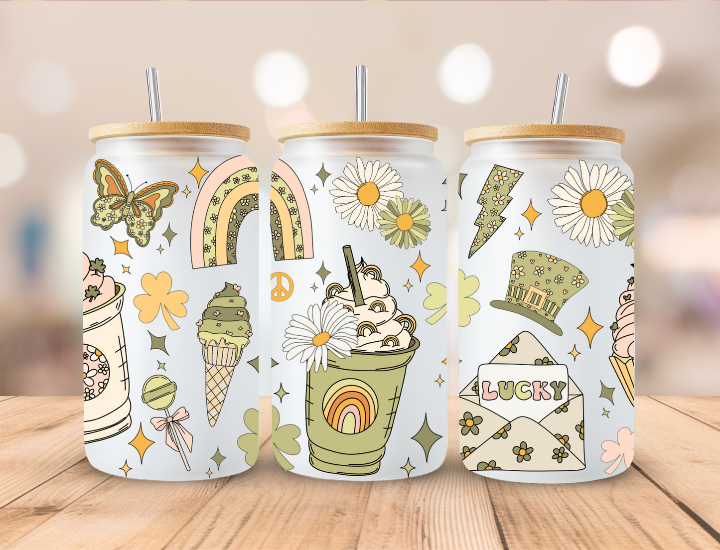 St Patrick's Day Retro Rainbow Coffee - 16 oz / 20 oz Libby UV DTF Wrap