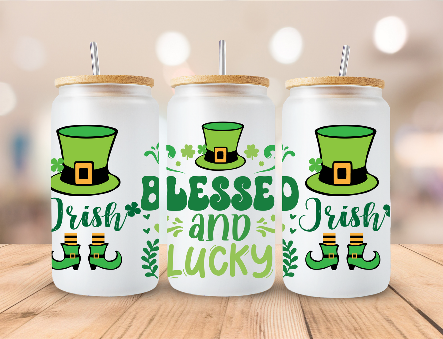 St Patrick's Day Blessed And Lucky - 16 oz / 20 oz Libby UV DTF Wrap