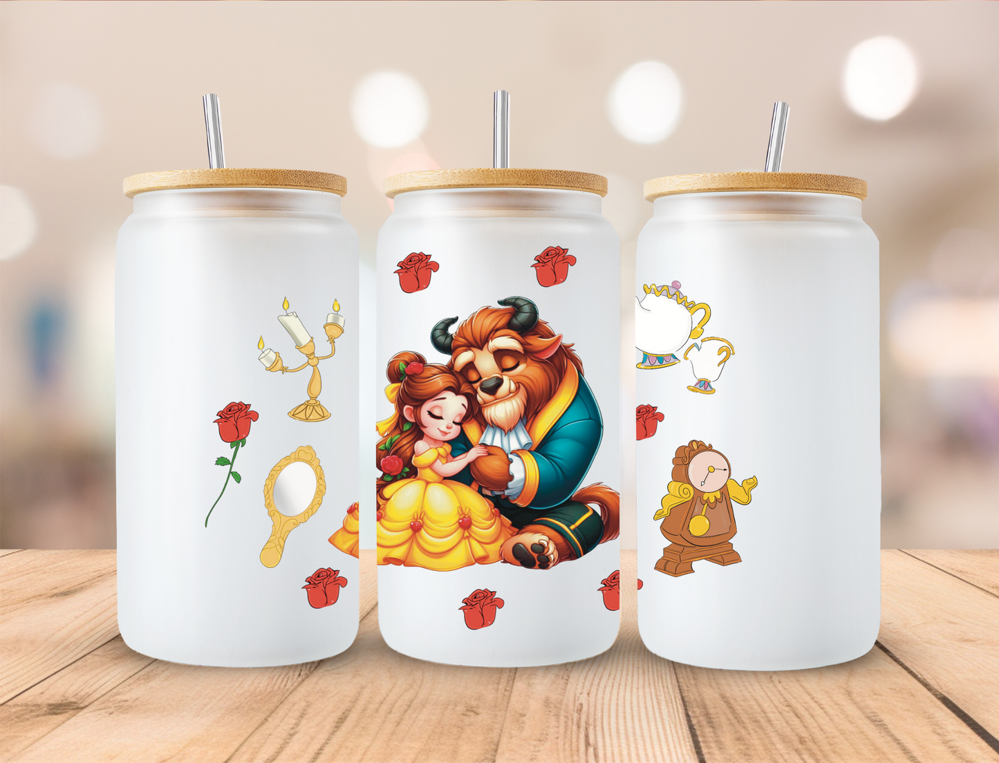 Watercolor Princess Beauty and her Beast - 16 oz / 20 oz Libby UV DTF Wrap