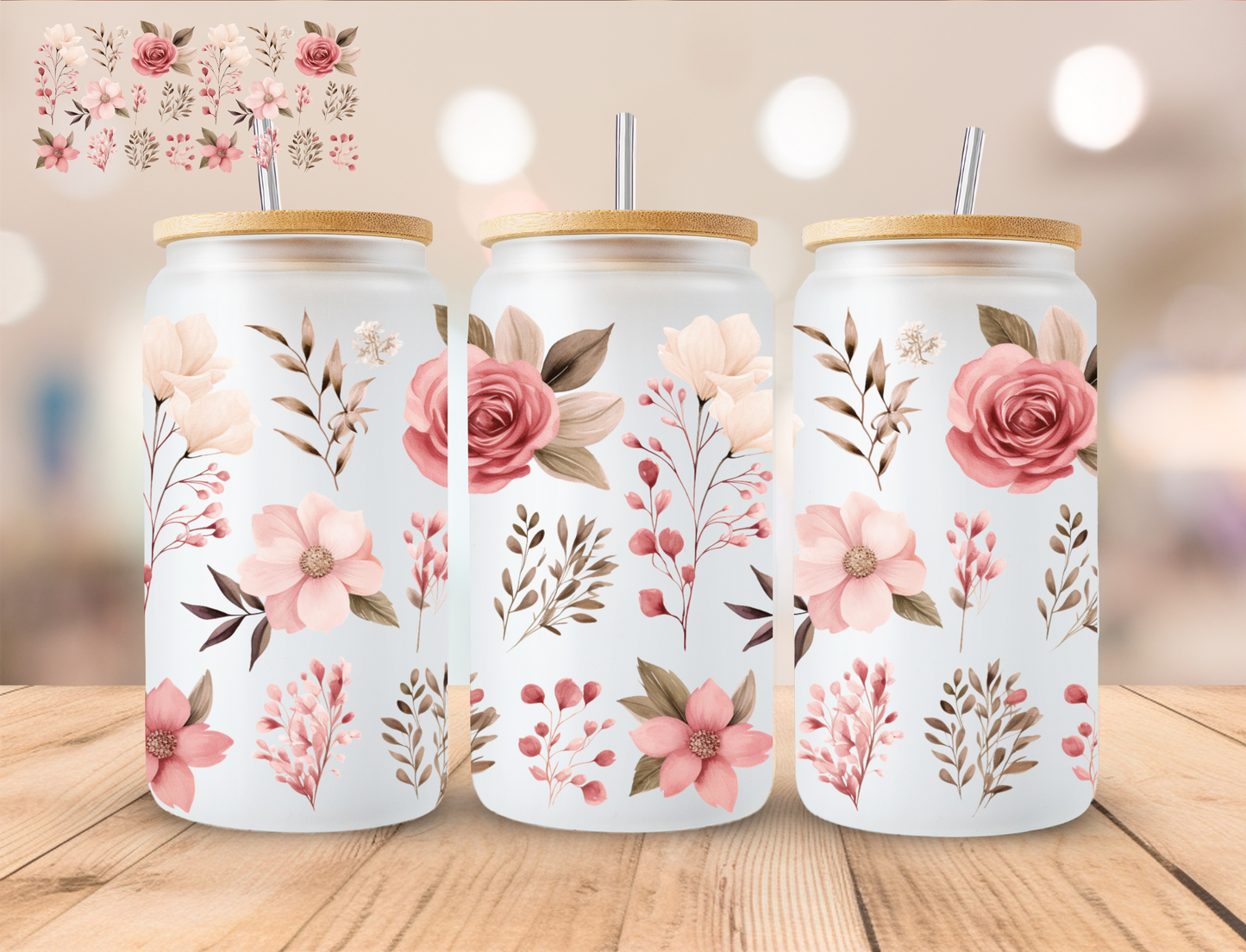 Pink Floral - 16 oz / 20 oz Libby UV DTF Wrap