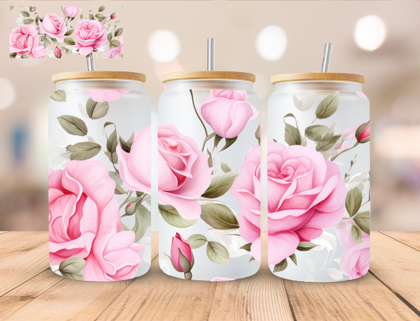 Floral Pink Roses - 16 oz / 20 oz Libby UV DTF Wrap