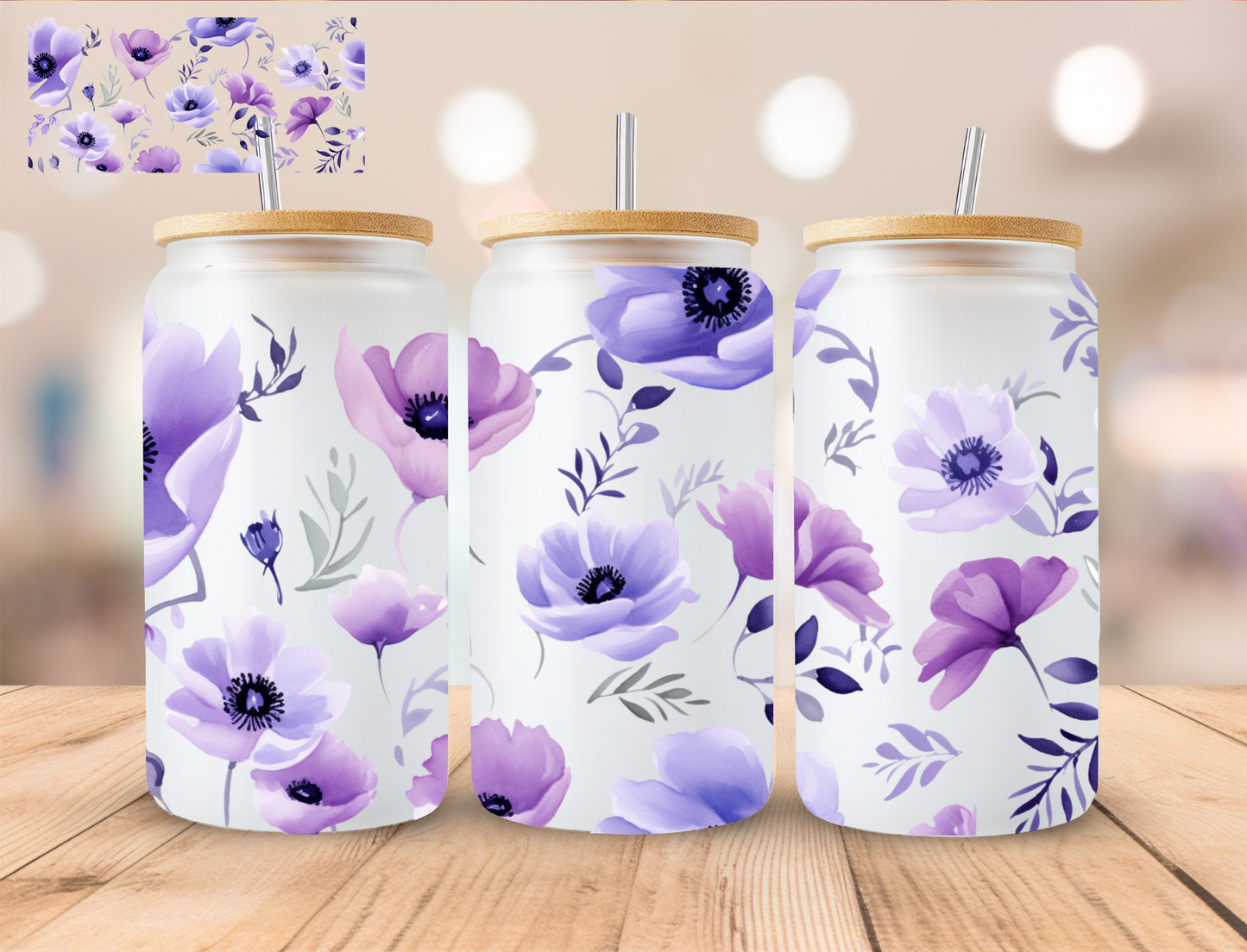 Purple Floral - 16 oz / 20 oz Libby UV DTF Wrap