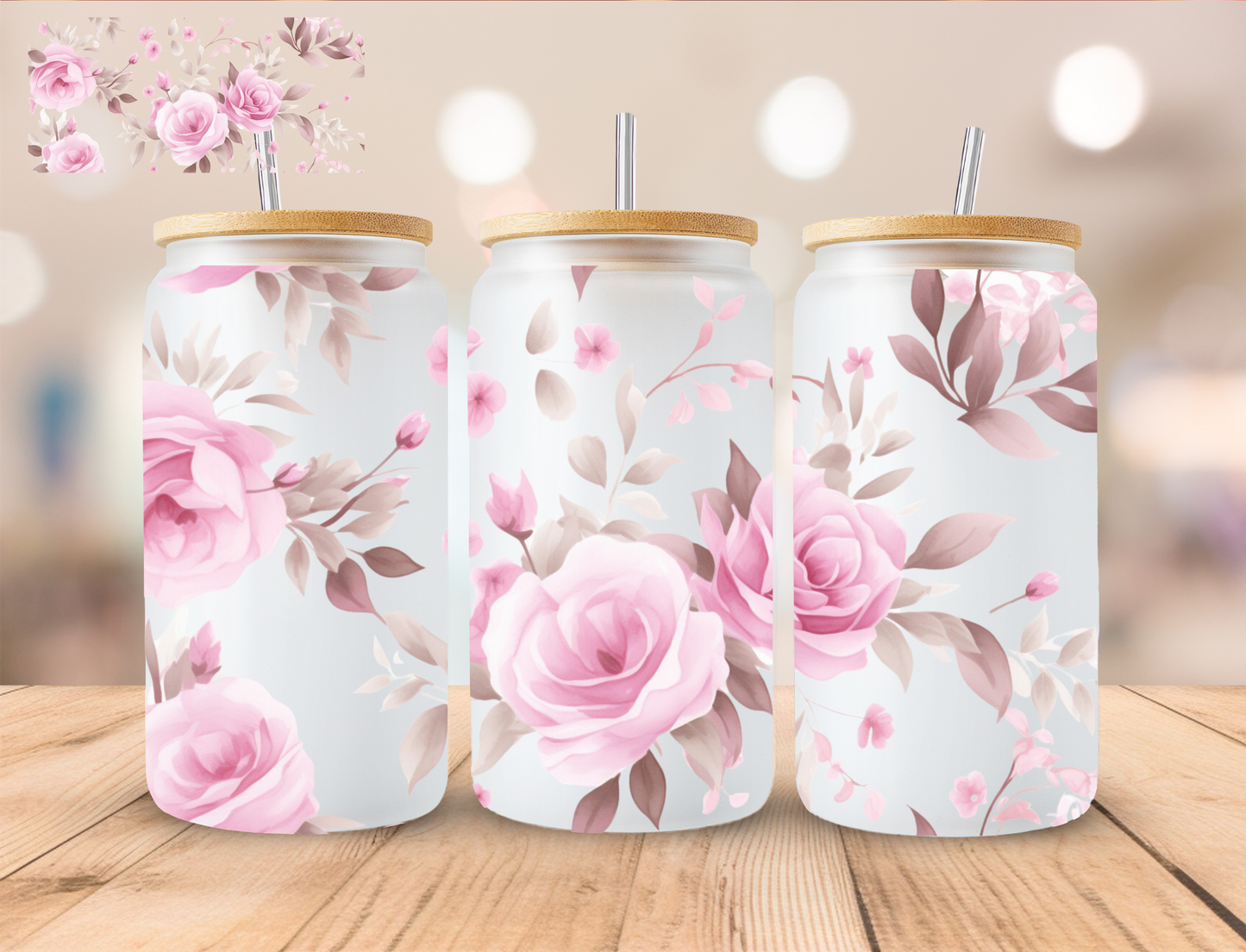 Pink Floral - 16 oz / 20 oz Libby UV DTF Wrap