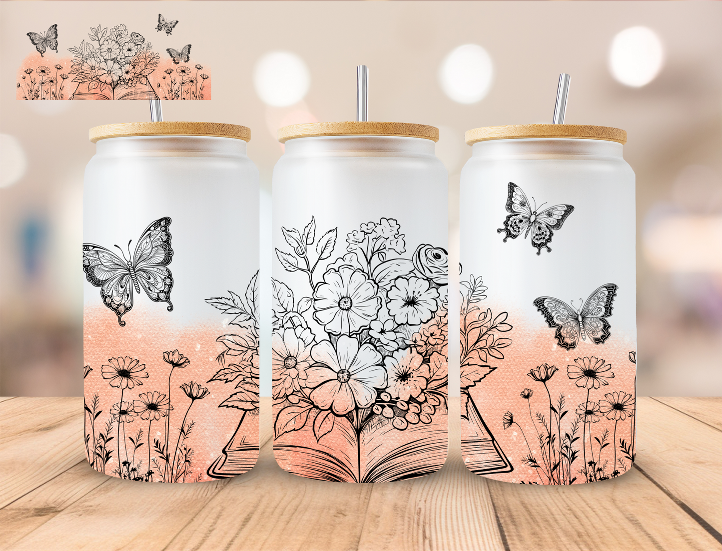 Bookish Floral Butterflys - 16 oz / 20 oz Libby UV DTF Wrap