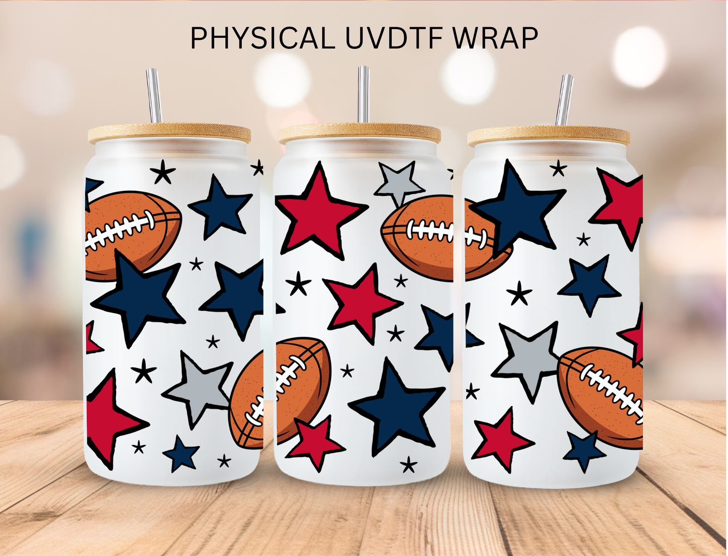 Football With Red N Blue Stars - 16 oz / 20 oz Libby UV DTF Wrap