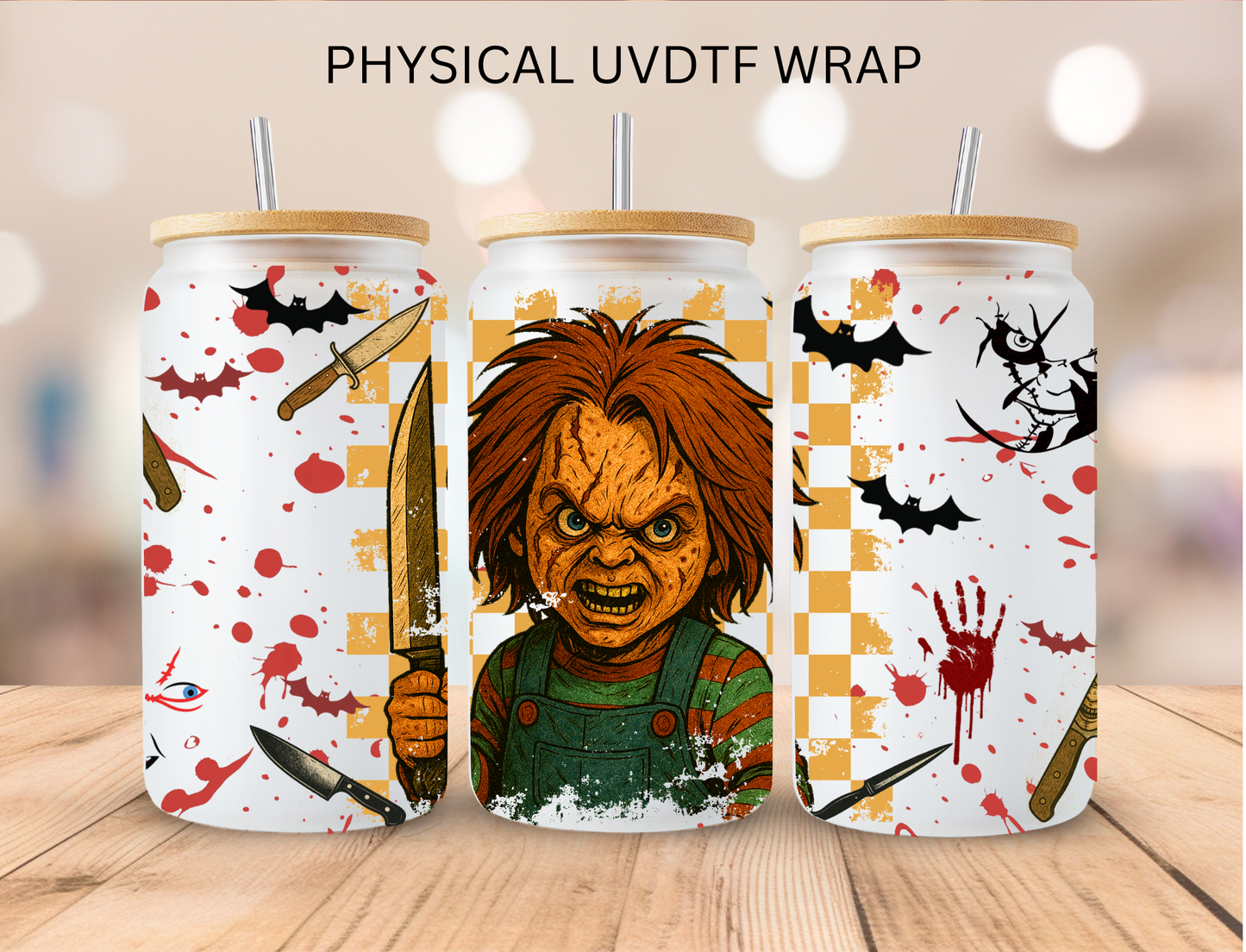 Halloween Checkered Doll - 16 oz / 20 oz Libby UV DTF Wrap