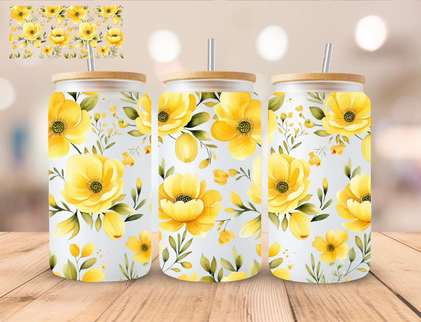 Yellow Floral - 16 oz / 20 oz Libby UV DTF Wrap