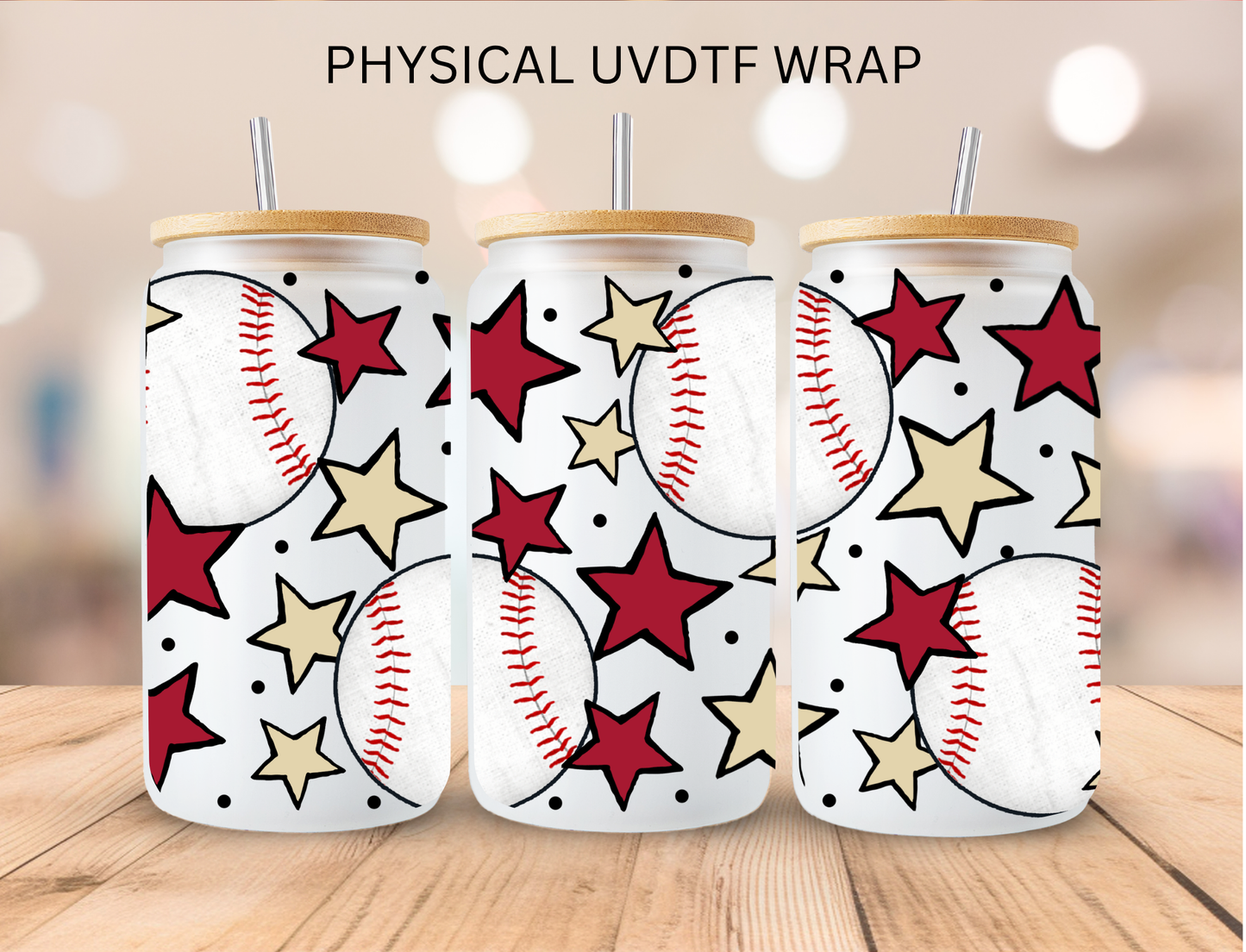 Baseball With Red and Yellow Stars - 16 oz / 20 oz Libby UV DTF Wrap