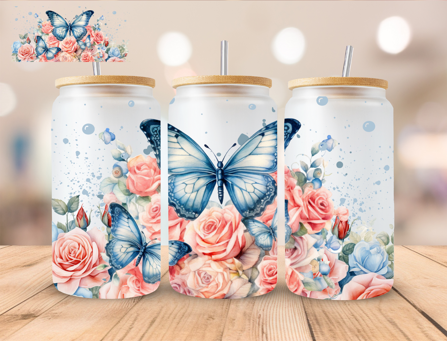 Blue Butterfly And Pink Flowers - 16 oz / 20 oz Libby UV DTF Wrap