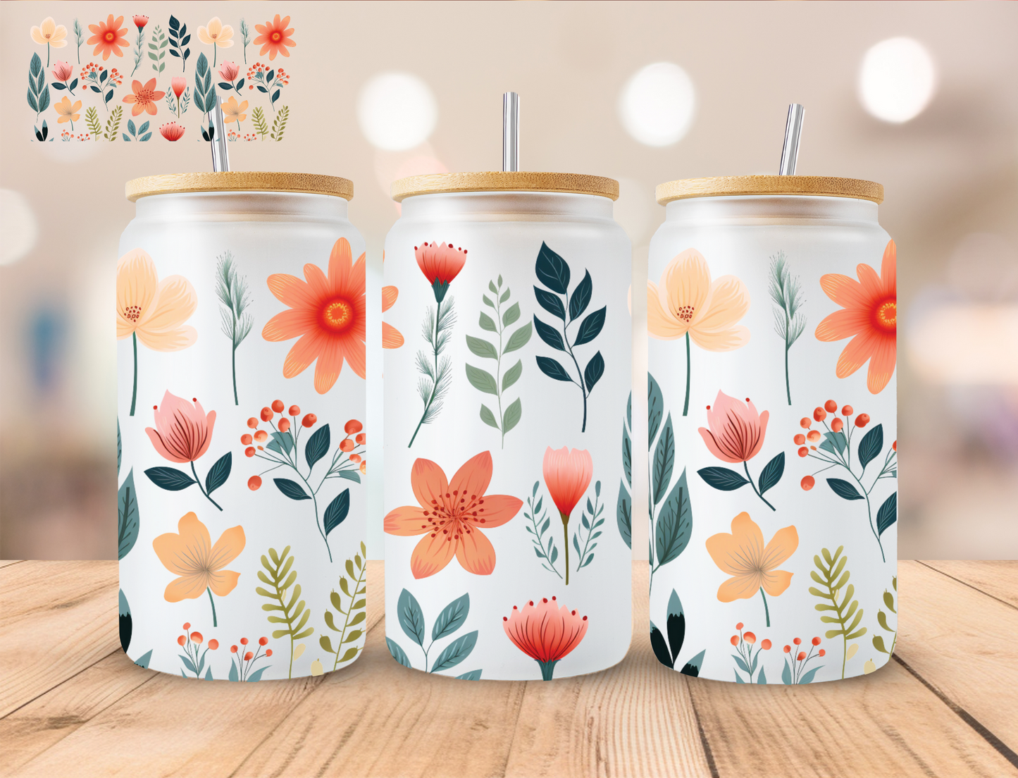 Red And Blue Floral - 16 oz / 20 oz Libby UV DTF Wrap