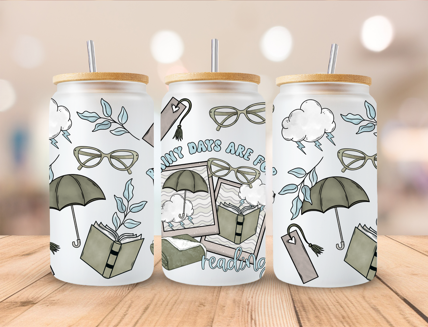 Rainy Days Are For Reading - 16 oz Libby UV DTF Wrap EXCLUSIVE DESIGNED