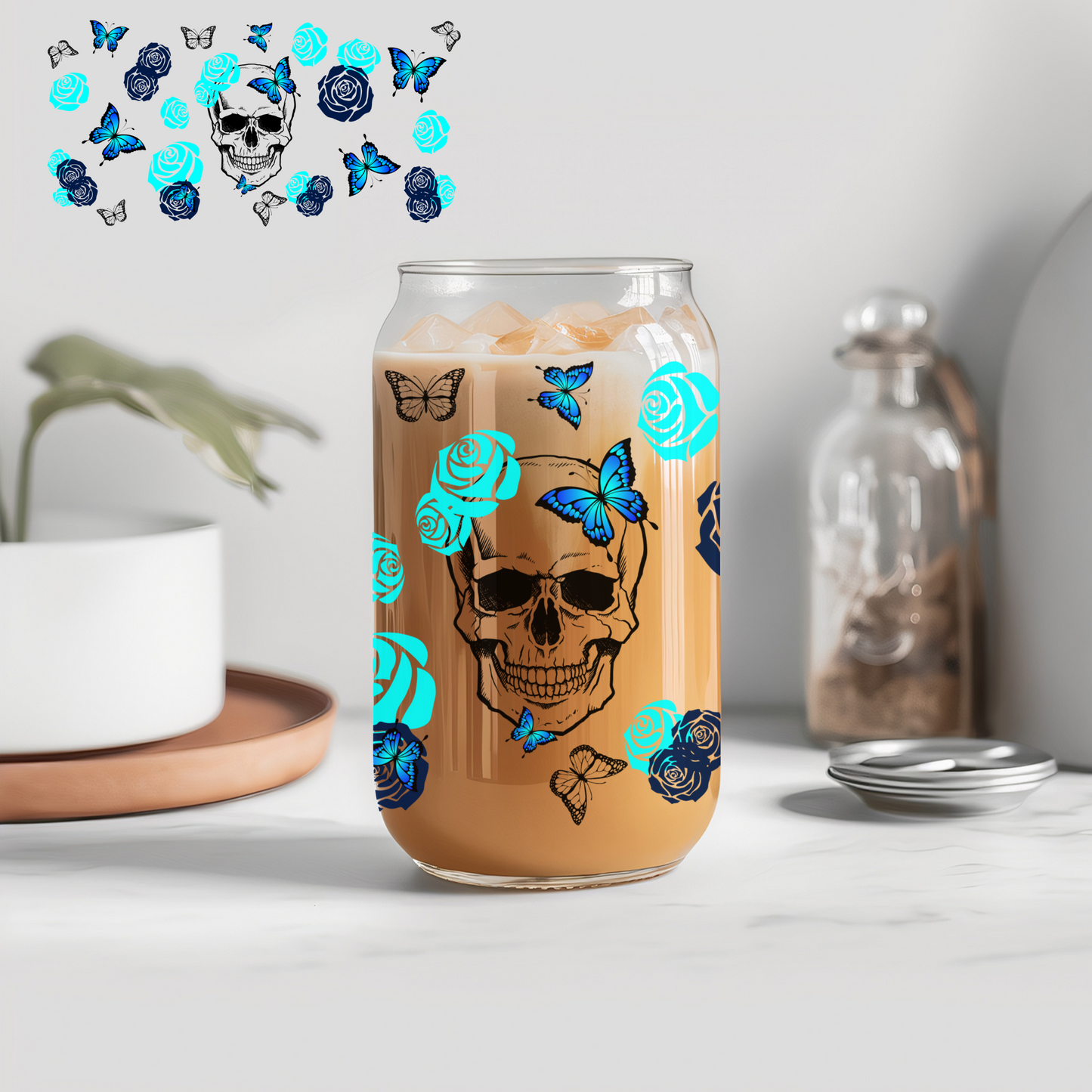 Blue Rose Skull - 16 oz Libby UV DTF Wrap
