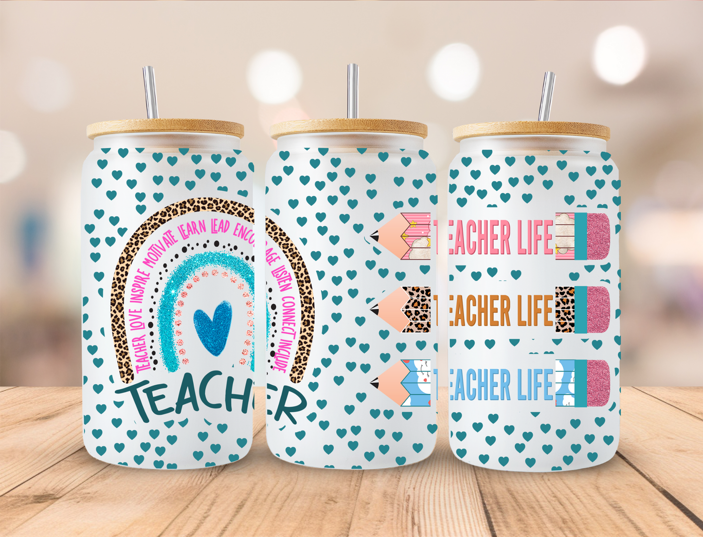 Polka Dot School Teacher Rainbow - 16 oz Libby UV DTF Wrap