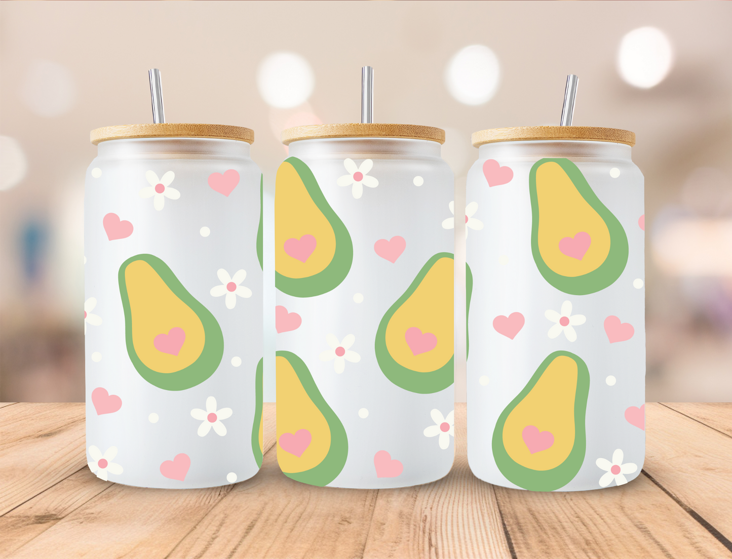 Valentines Pink Heart Avocado - 16 oz / 20 oz Libby UV DTF Wrap