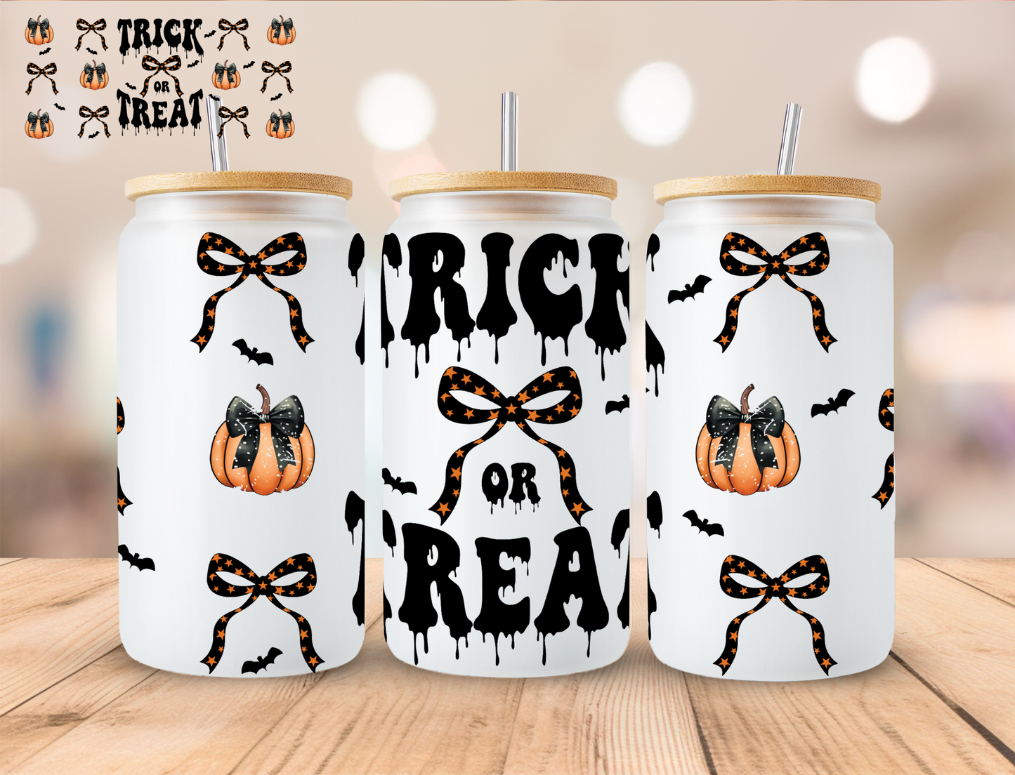 Halloween Trick Or Treat Bow - 16 oz / 20 oz Libby UV DTF Wrap