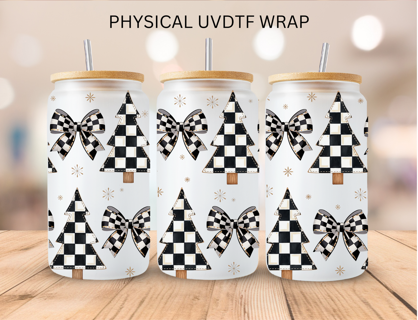Christmas Black/White Checkered Trees - 16 oz / 20 oz Libby UV DTF Wrap