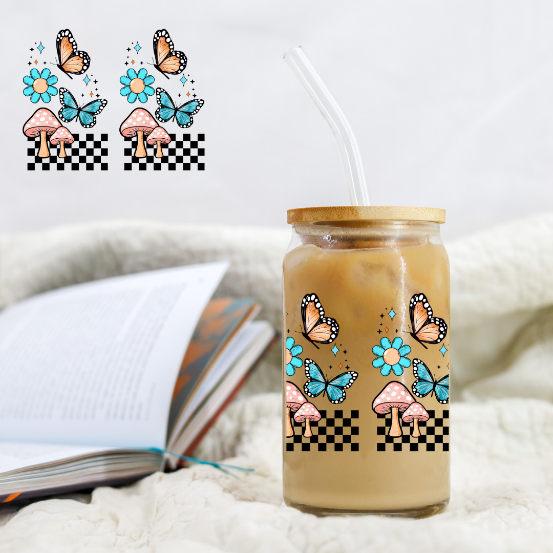Checkered Butterfly and Mushrooms - UVDTF decals EXCLUSIVE DESIGNER