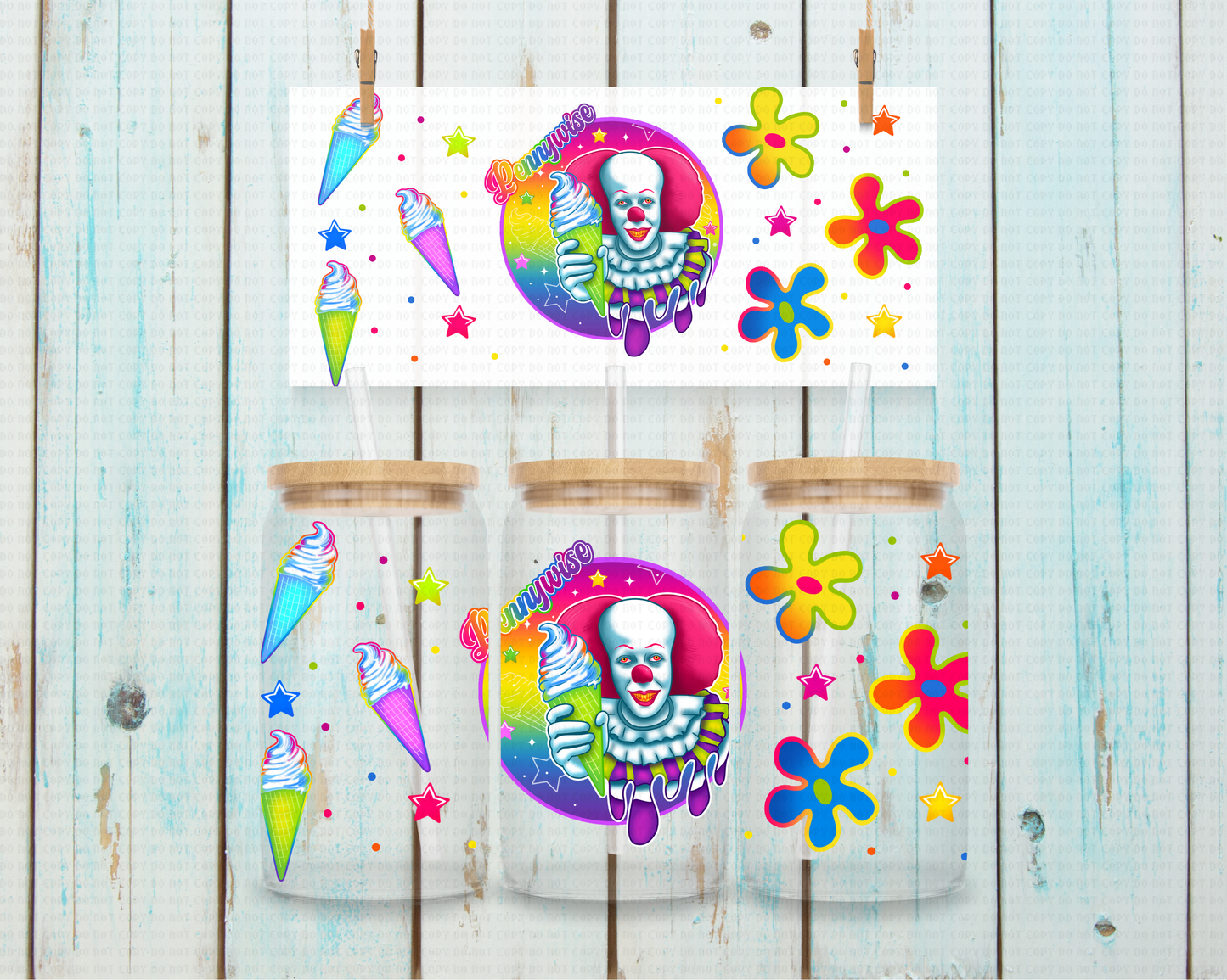 Halloween Neon Pennywise - 16 oz / 20 oz Libby UV DTF Wrap Lumiistell EXCLUSIVE