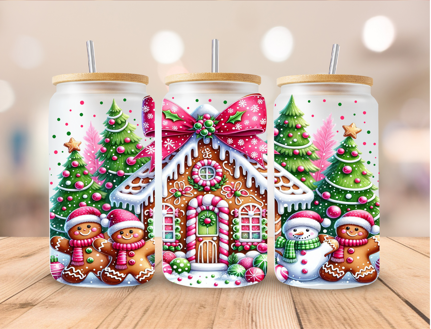 Christmas Gingerbread and Pink House - 16 oz / 20 oz Libby UV DTF Wrap