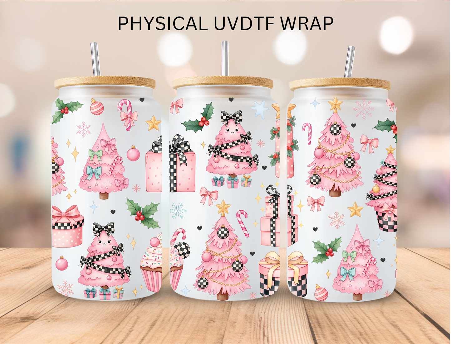 Christmas Pink Checkered Trees - 16 oz / 20 oz Libby UV DTF Wrap