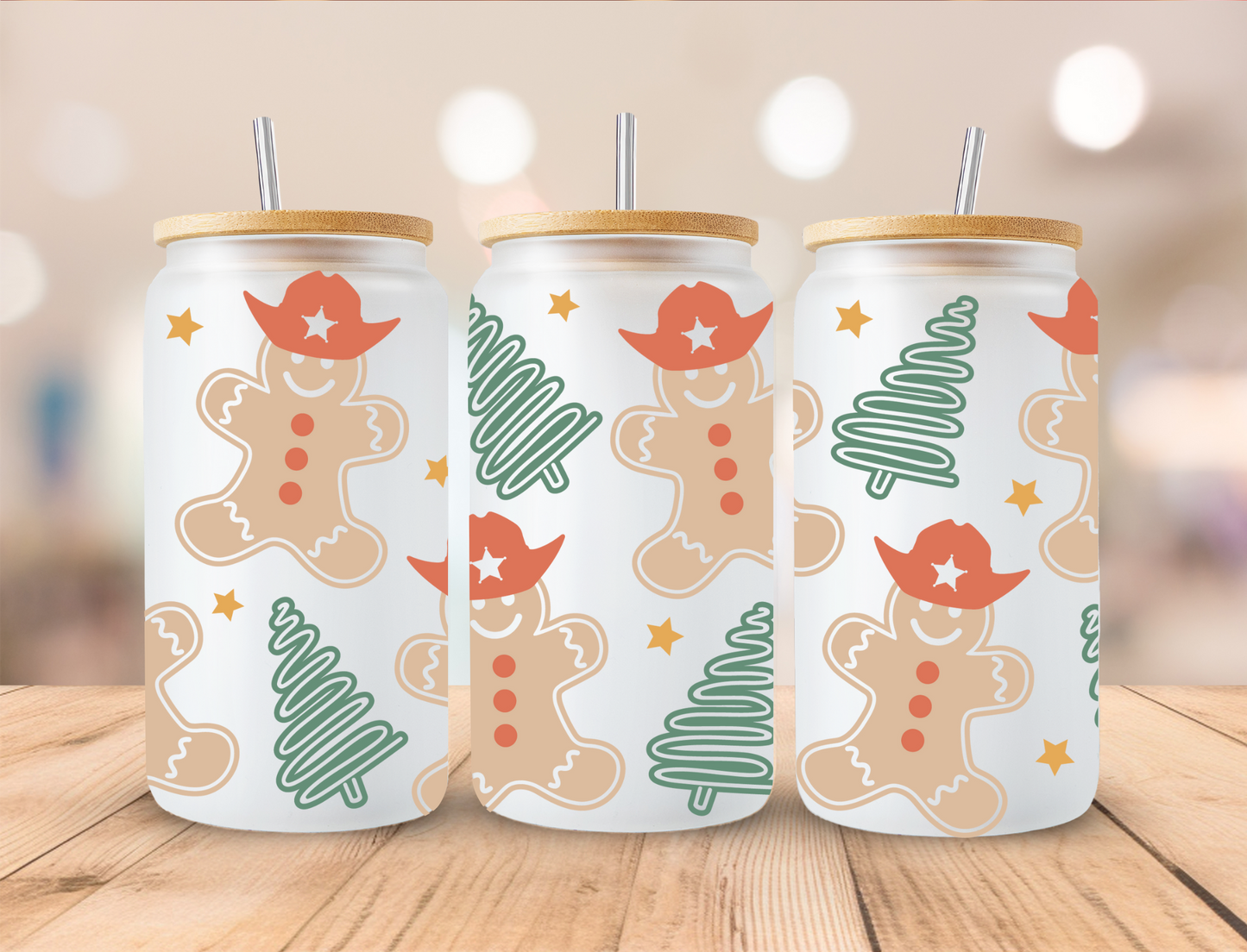 Christmas Gingerbread Cowboys - 16oz Libby UV DTF Wrap