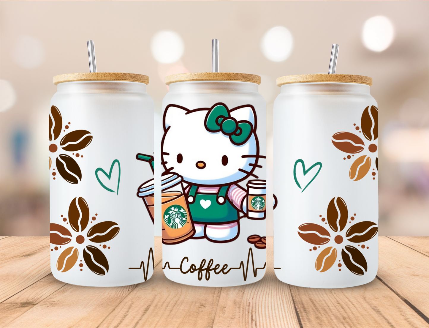 Coffee Grounds Kitty - 16 oz / 20 oz Libby UV DTF Wrap