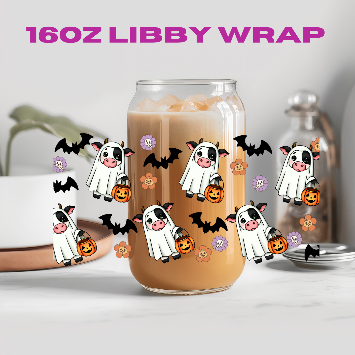 Halloween Cow In Ghost Costume - 16 oz / 20 oz Libby UV DTF Wrap