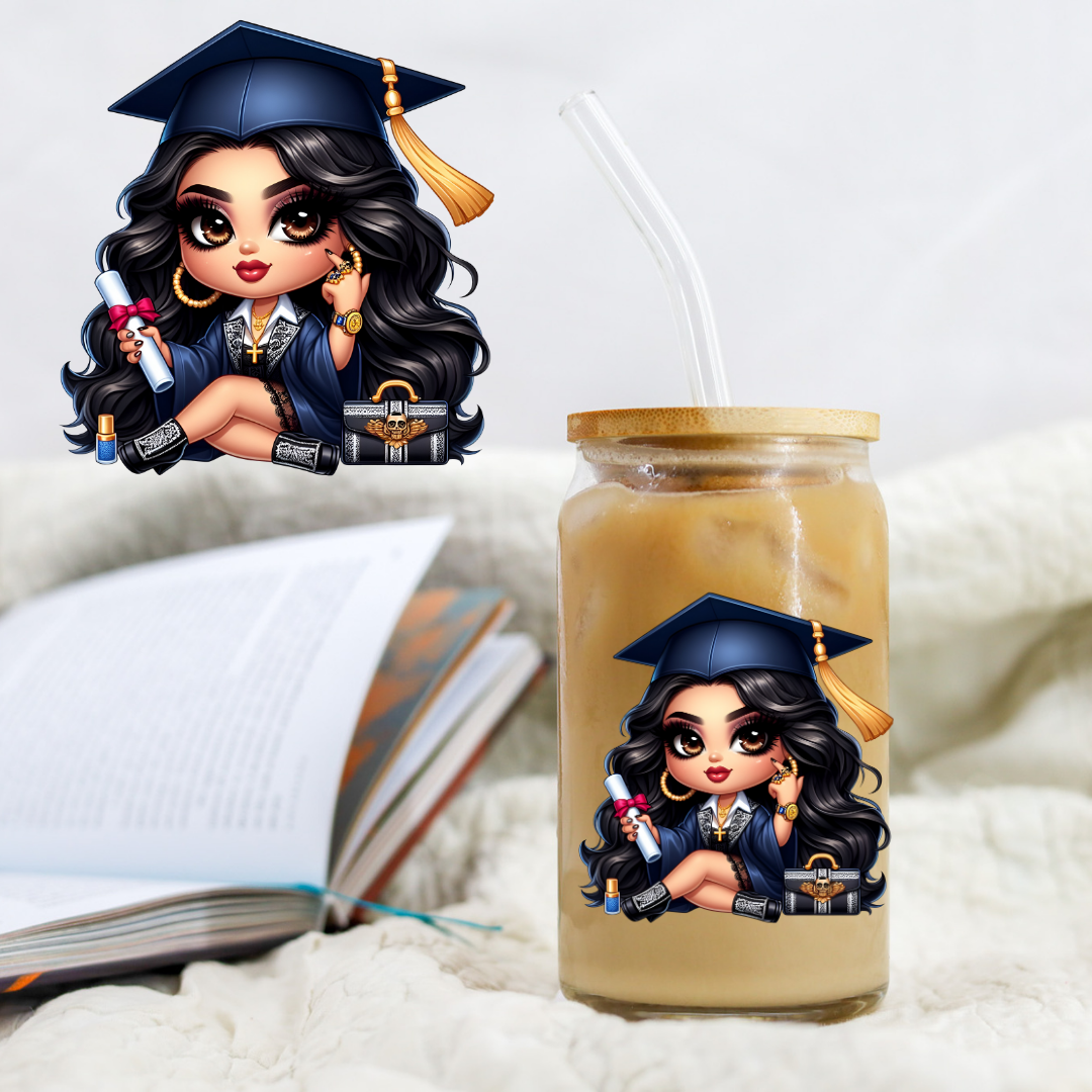 Chicano Graduation Black Hair with Blue - UV DTF Libby Decal