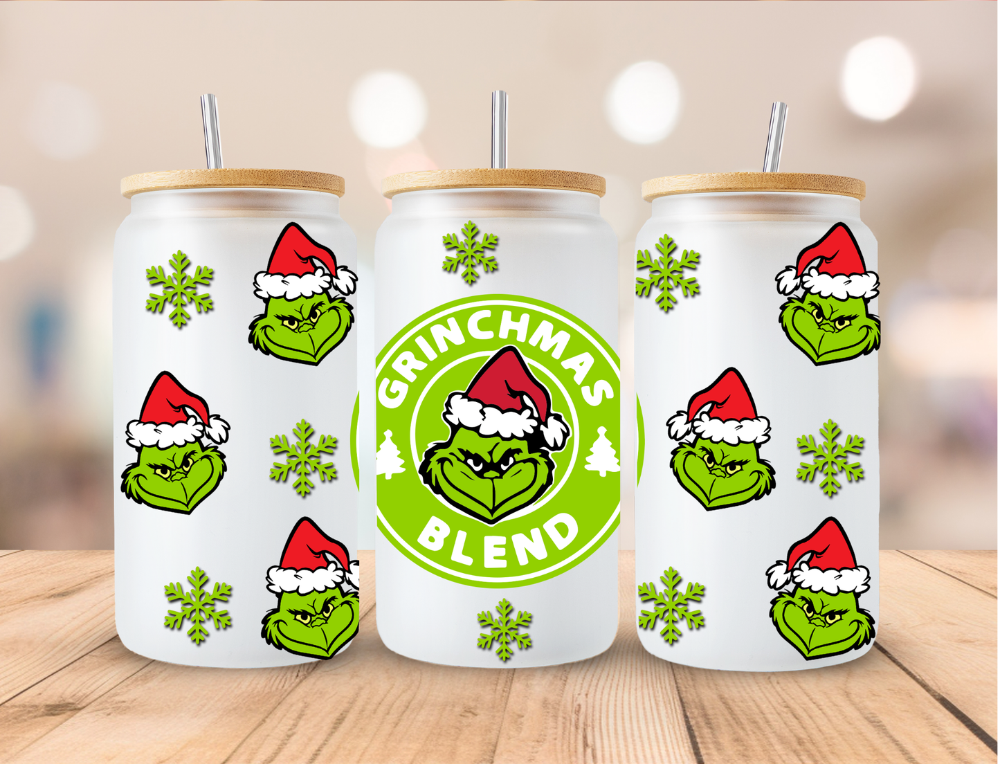 Christmas Mean Green With Green Snowflakes - 16 oz / 20 oz Libby UV DTF Wrap