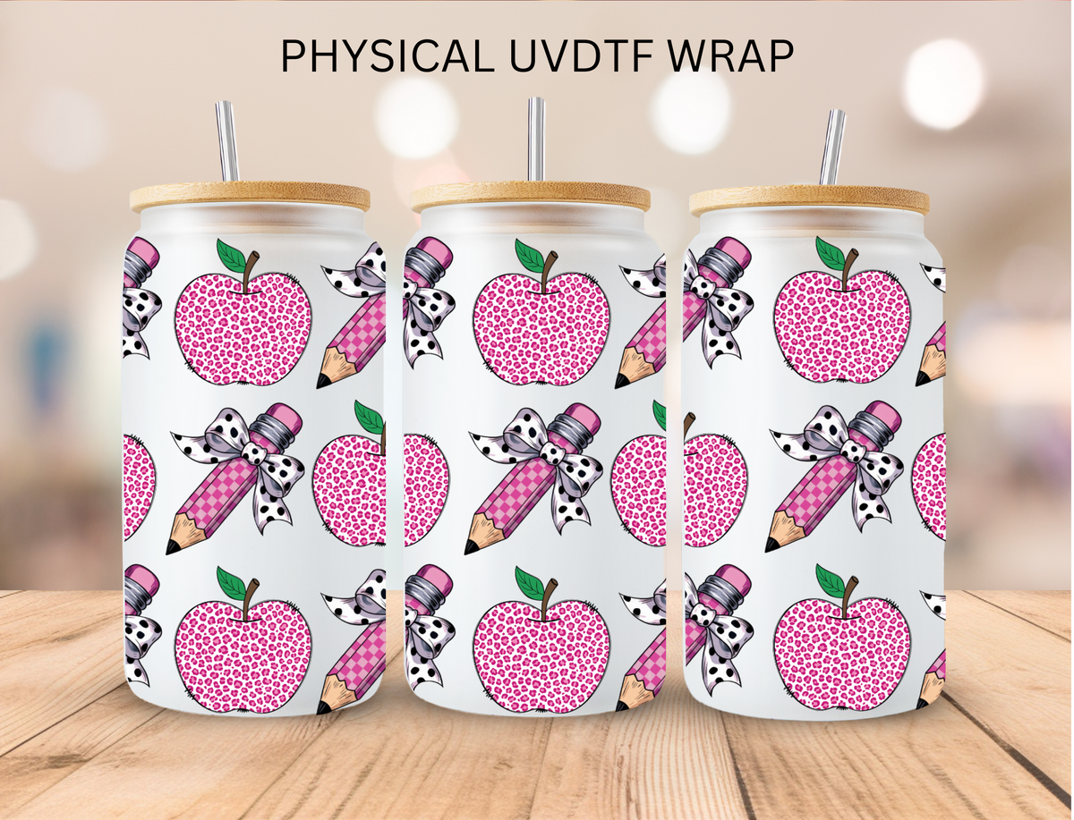 School Checkered Apple And Pink Pencil - 16 oz / 20 oz Libby UV DTF