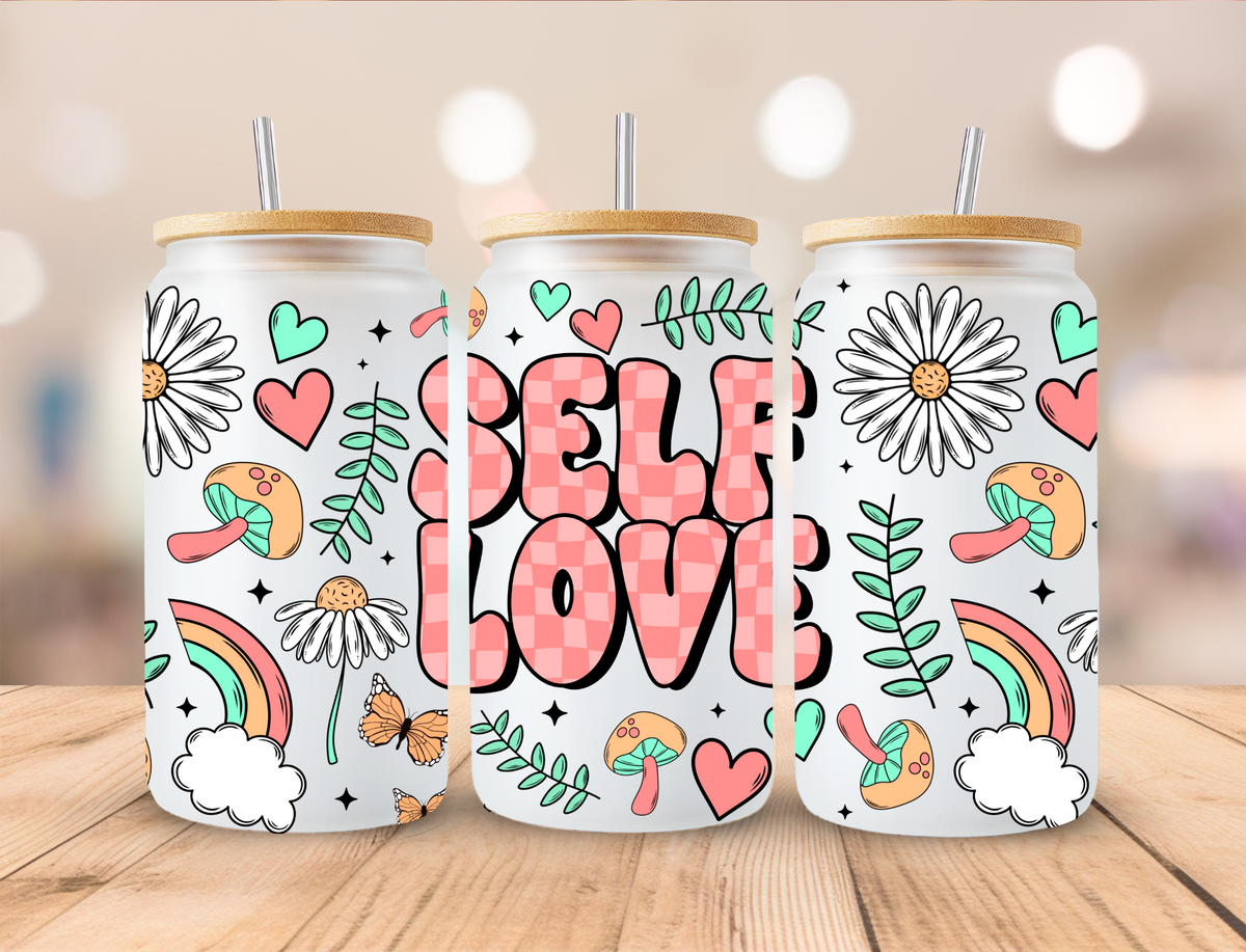 Boho Retro Self Love - 16 oz Libby UV DTF Wrap EXCLUSIVE DESIGNED