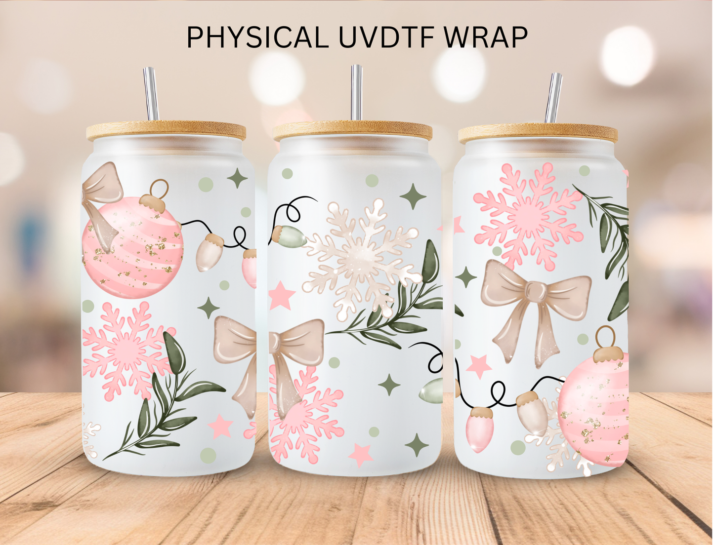 Christmas Pink Golden Ornaments - 16 oz / 20 oz Libby UV DTF Wrap