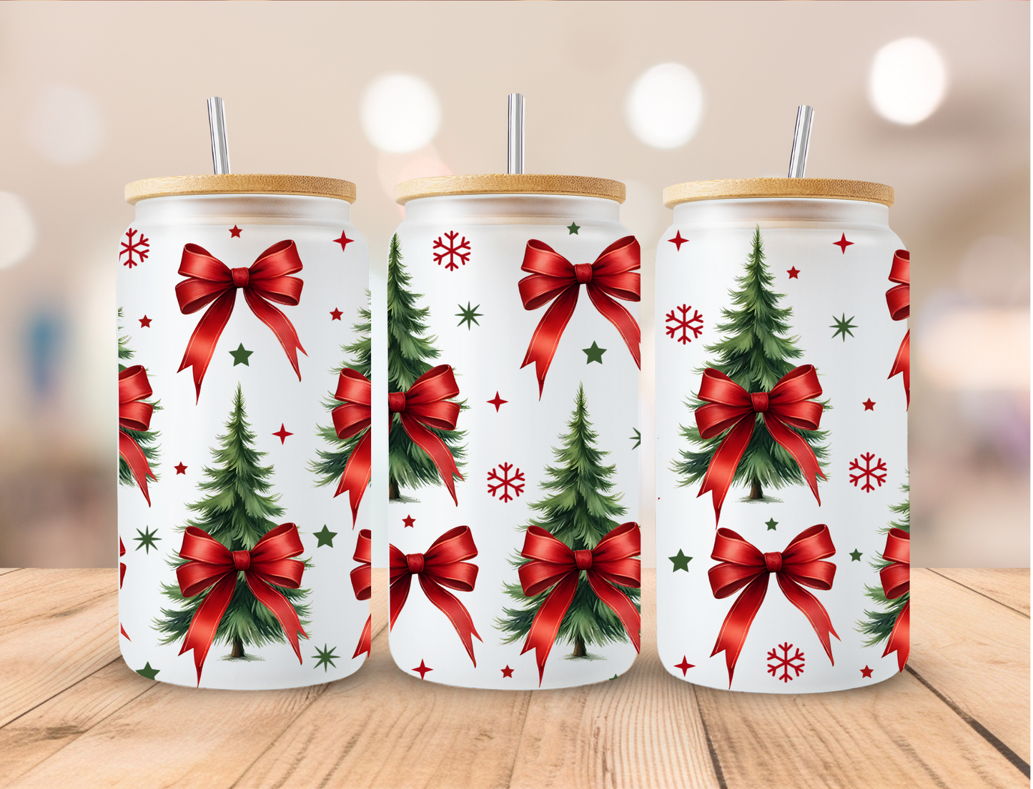 Christmas Red Bow On Tree - 16 oz / 20 oz Libby UV DTF Wrap