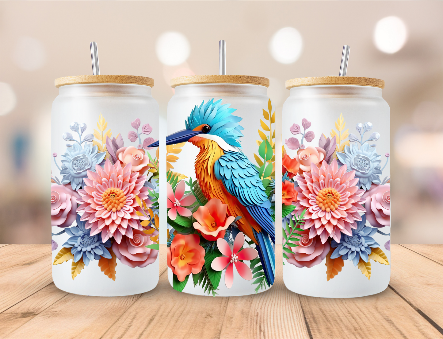 3D Floral Bird - 16 oz / 20 oz Libby UV DTF Wrap
