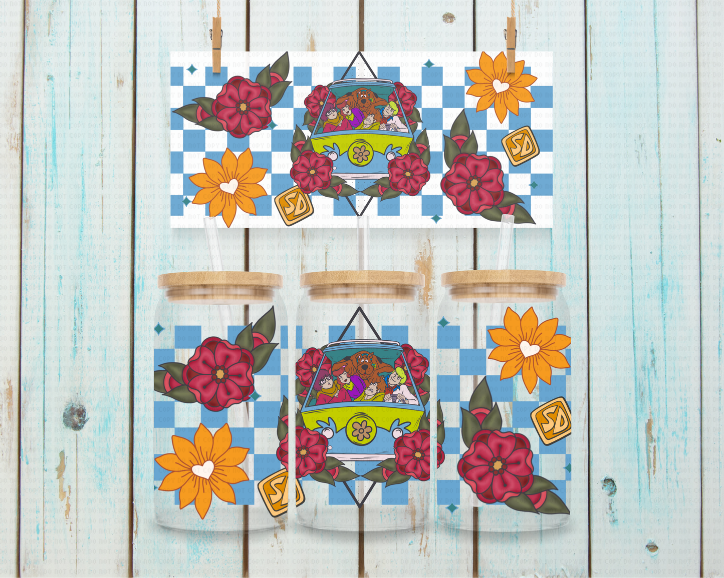 Checkered Scooby Crew - 16 oz / 20 oz Libby UV DTF Wrap Moon Made EXCLUSIVE